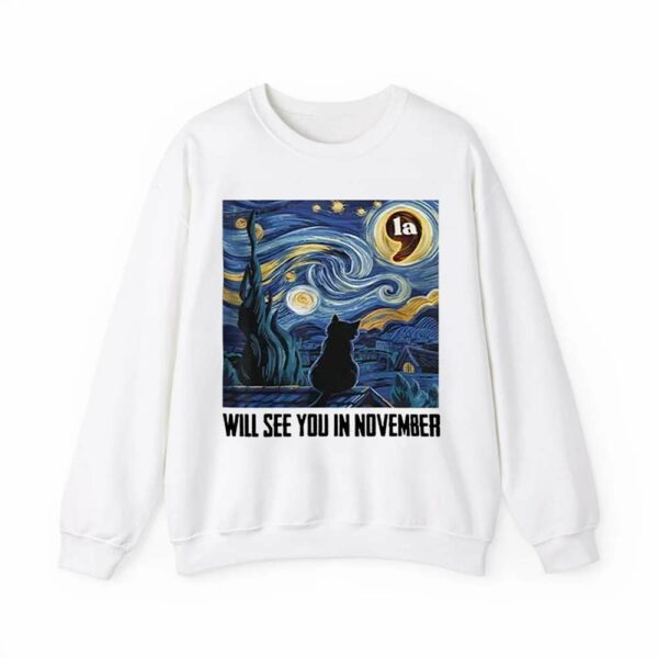 Black Cat LA Starry Night Will See You In November Print T Shirt 2