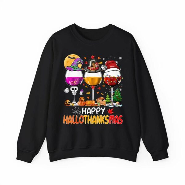 Women's Happy Hallothanksmas Wine Print Long Sleeve V-Neck T-Shirt