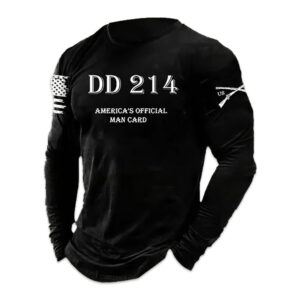 Mens DD214 America Official Man Card Print Casual Long Sleeve T-Shirt