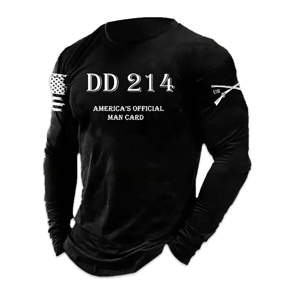 Mens DD214 America Official Man Card Print Casual Long Sleeve T Shirt