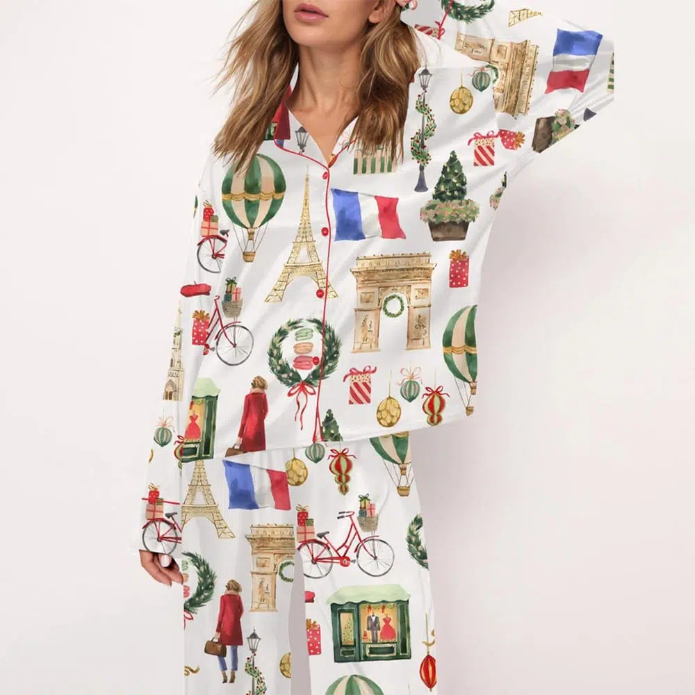 Christmas Paris Satin Pajama Set Christmas Paris Satin Pajama Set