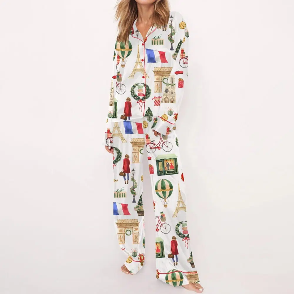 Christmas Paris Satin Pajama Set 2 Christmas Paris Satin Pajama Set For Women 2