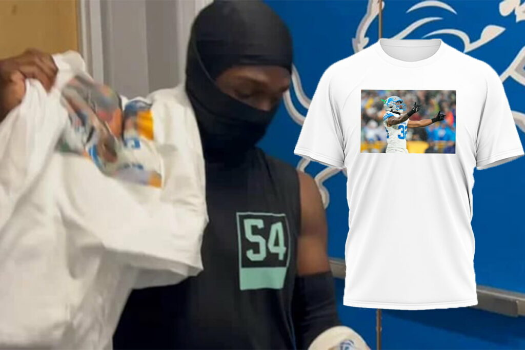 Lions' Kerby Joseph passing out shirts of Brian Branch viral double bird gesture