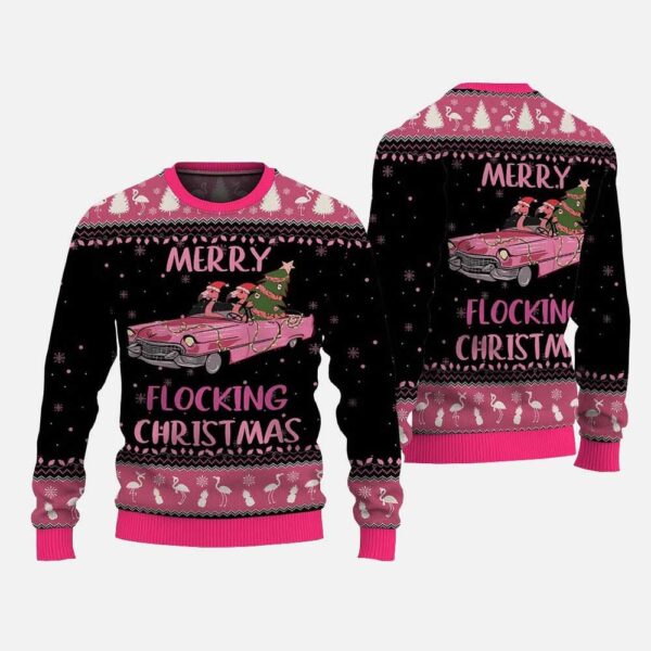 Merry Flocking Christmas Flamingos Ugly Christmas Sweater 2