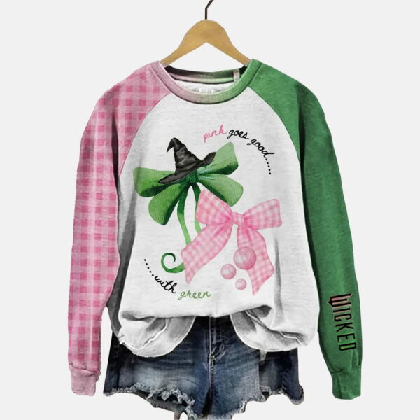 Wicked Witch And Princess Pink & Green Bow Knots Contrast Raglan Sweatshirt